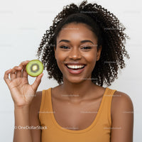 Smiling Woman with Kiwi Fruit on White Background