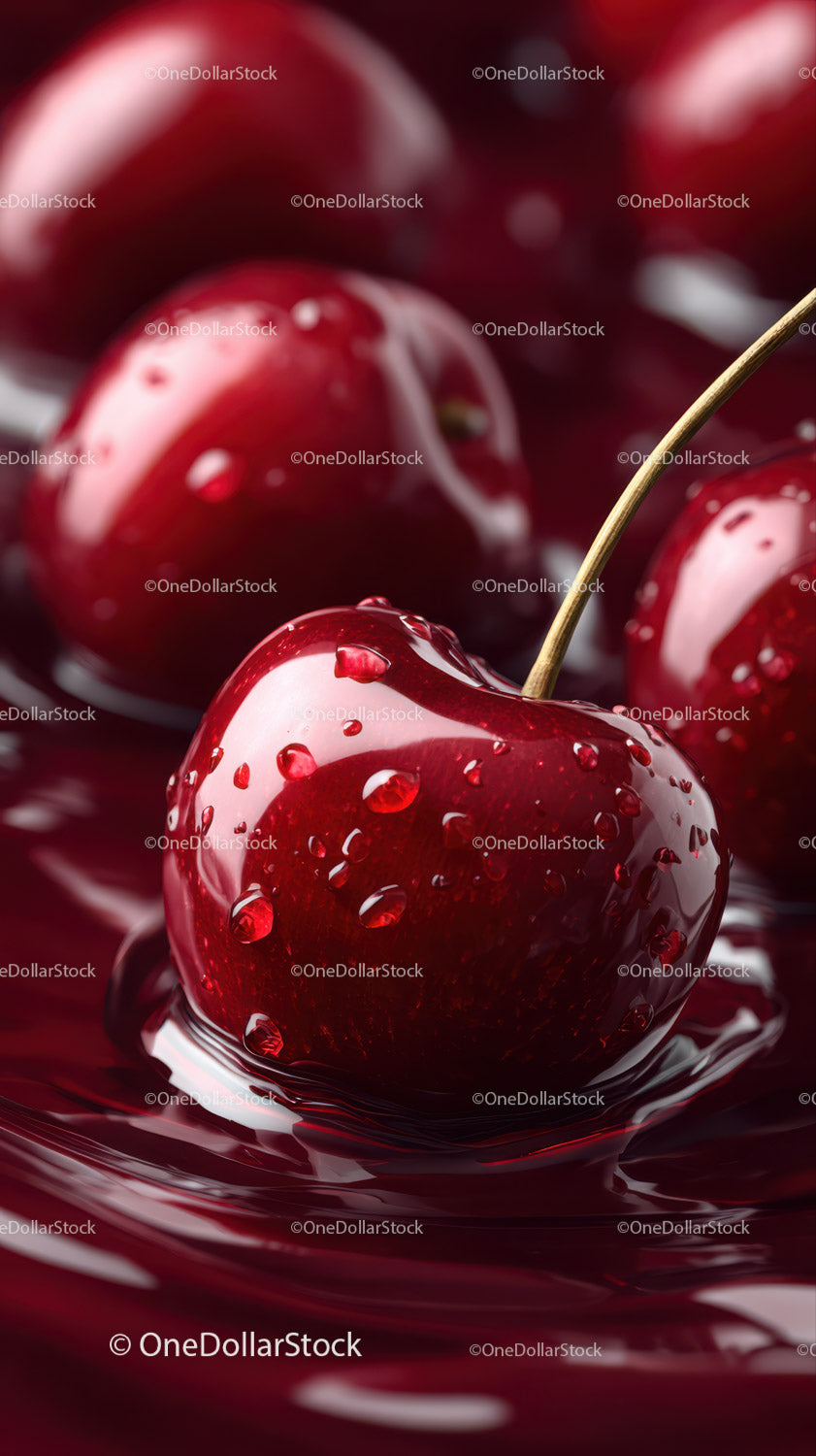 Close-up of Juicy Red Cherries with Water Droplets