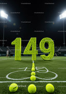 Tennis balls forming number 149 on court at night
