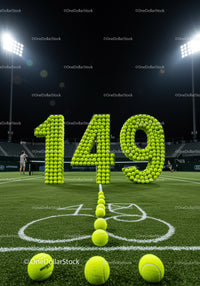 Tennis balls forming number 149 on court at night