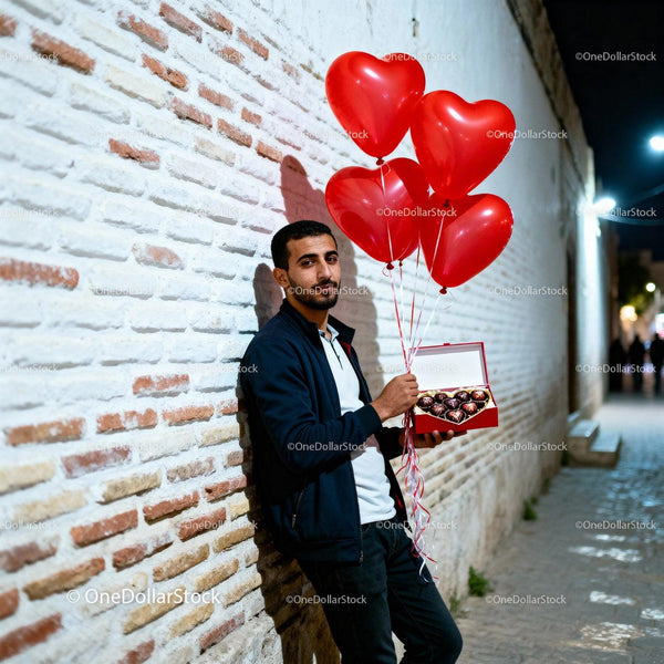 Man holding heart balloons and chocolates outdoors at night