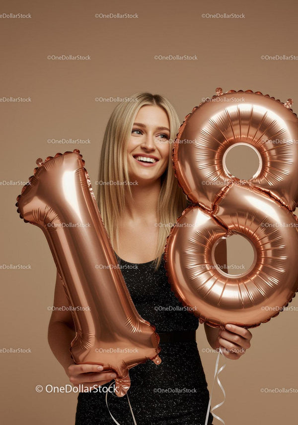 Uśmiechnięta młoda kobieta trzymająca balony na 18. urodziny