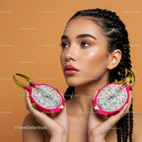 Young Woman with Braided Hair Holding Dragon Fruit Halves in Vibrant Setting