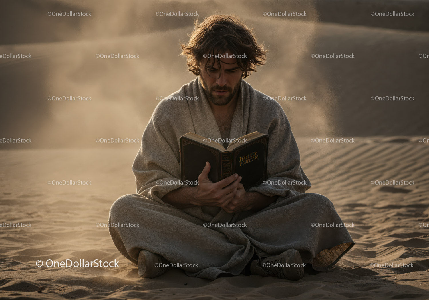 Man Sitting Cross-Legged and Reading Bible in Desert Landscape