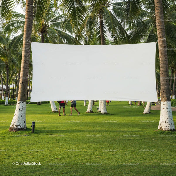 Blank outdoor movie screen between palm trees in park JPG Mockup Image
