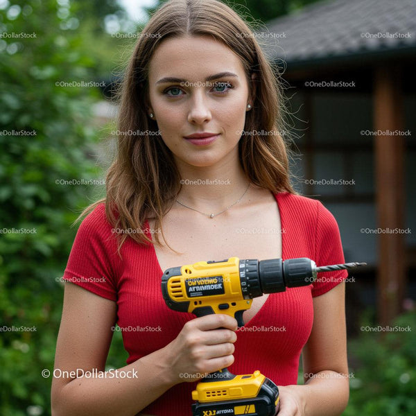 Young Woman Holding Power Drill in Garden Setting Stock Photo Bundle (8 JPG Files)
