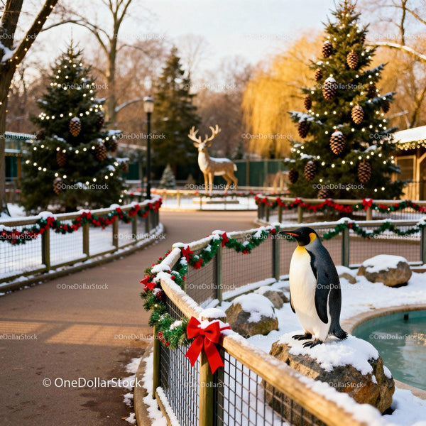 Penguin Standing on Snowy Rock with Festive Winter Decor
