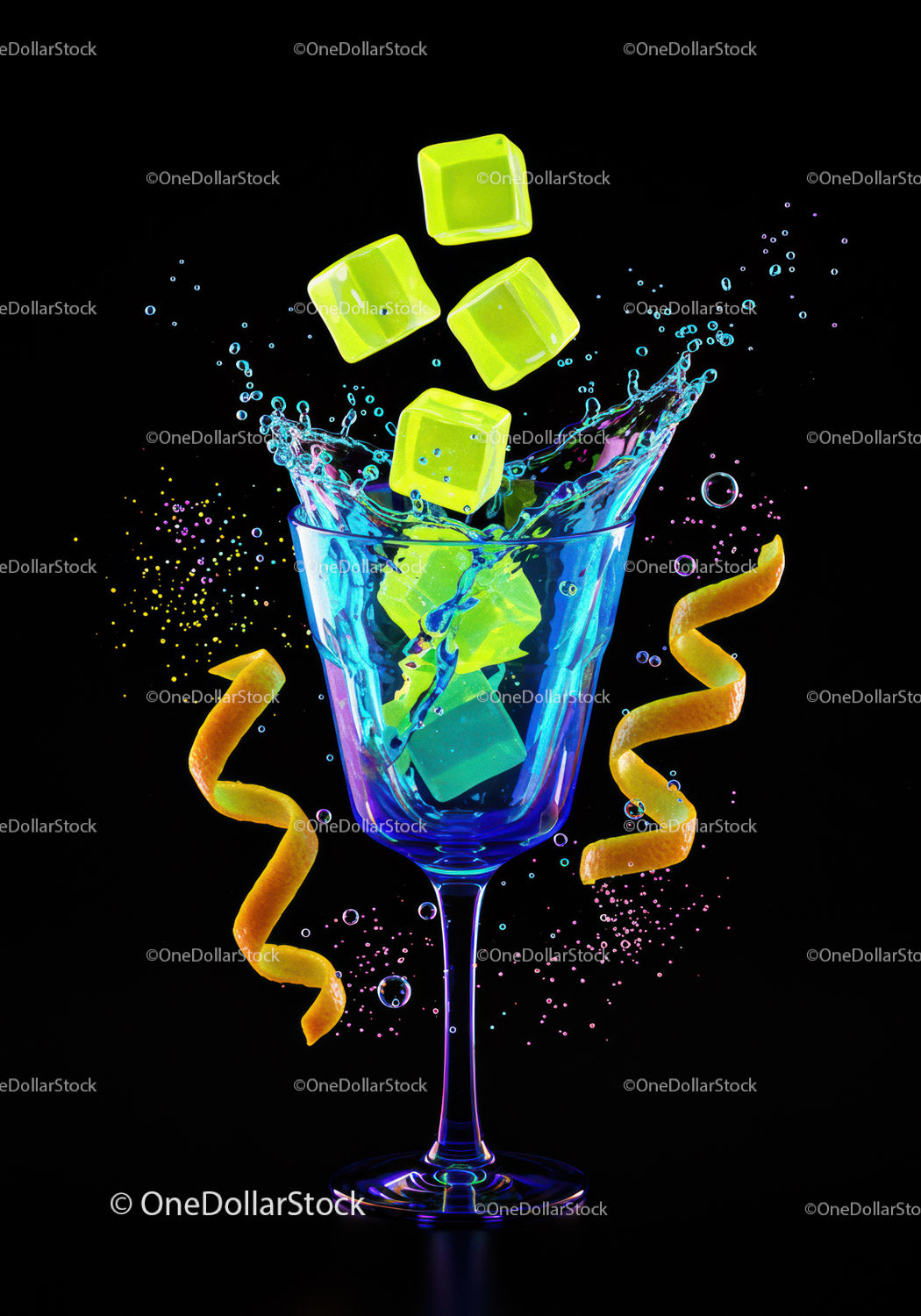Vibrant cocktail glass with green ice cubes and orange zest