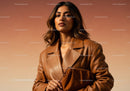Stylish Woman Wearing Leather Jacket During Sunset with Warm Background