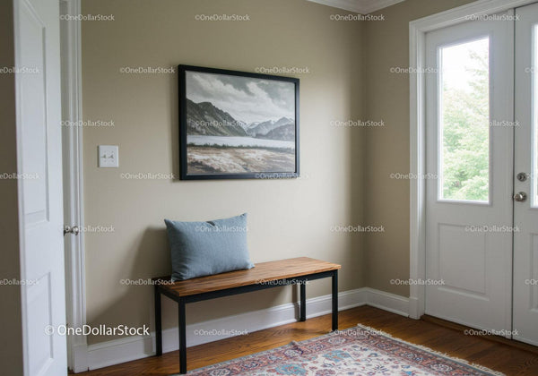Minimalist Entryway with Seat and Landscape Wall Art in Bright Home