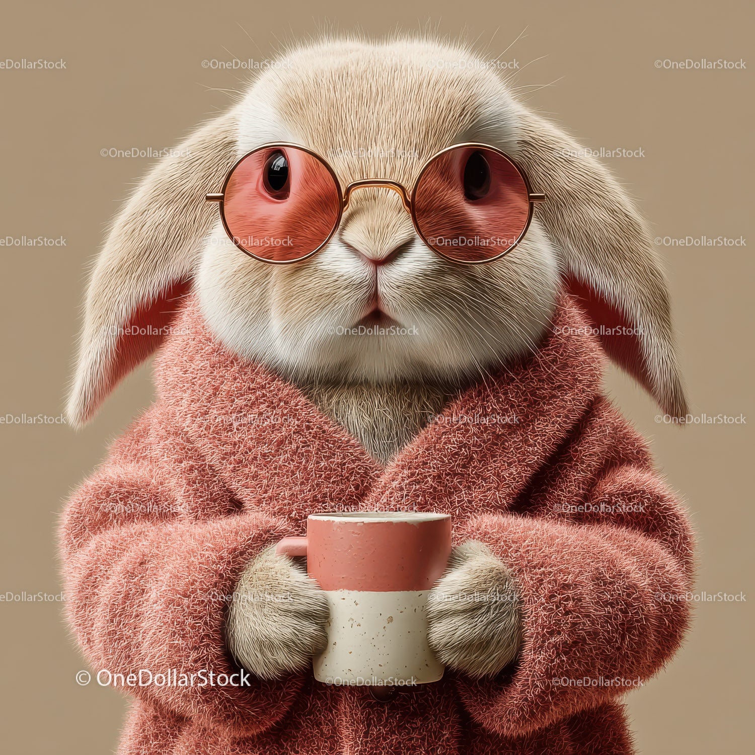 Cute Bunny Wearing Sunglasses and Cozy Pink Sweater Holding Coffee Mug