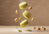 Floating pistachio macarons with powdered sugar dust