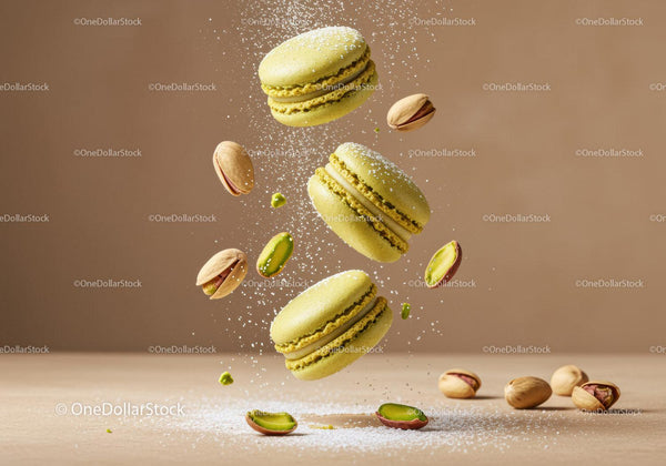 Floating pistachio macarons with powdered sugar dust
