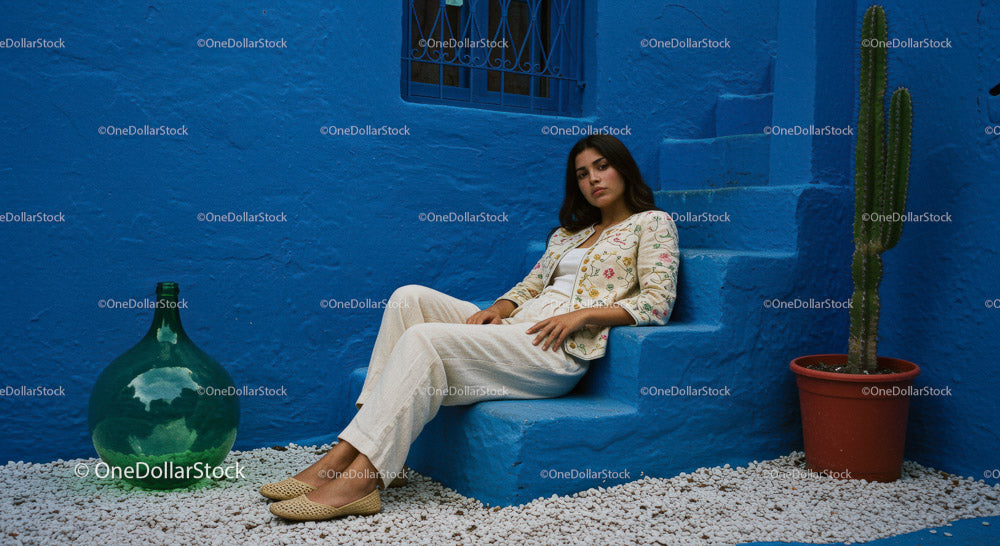Elegant Woman in Traditional Attire Against a Vibrant Blue Wall
