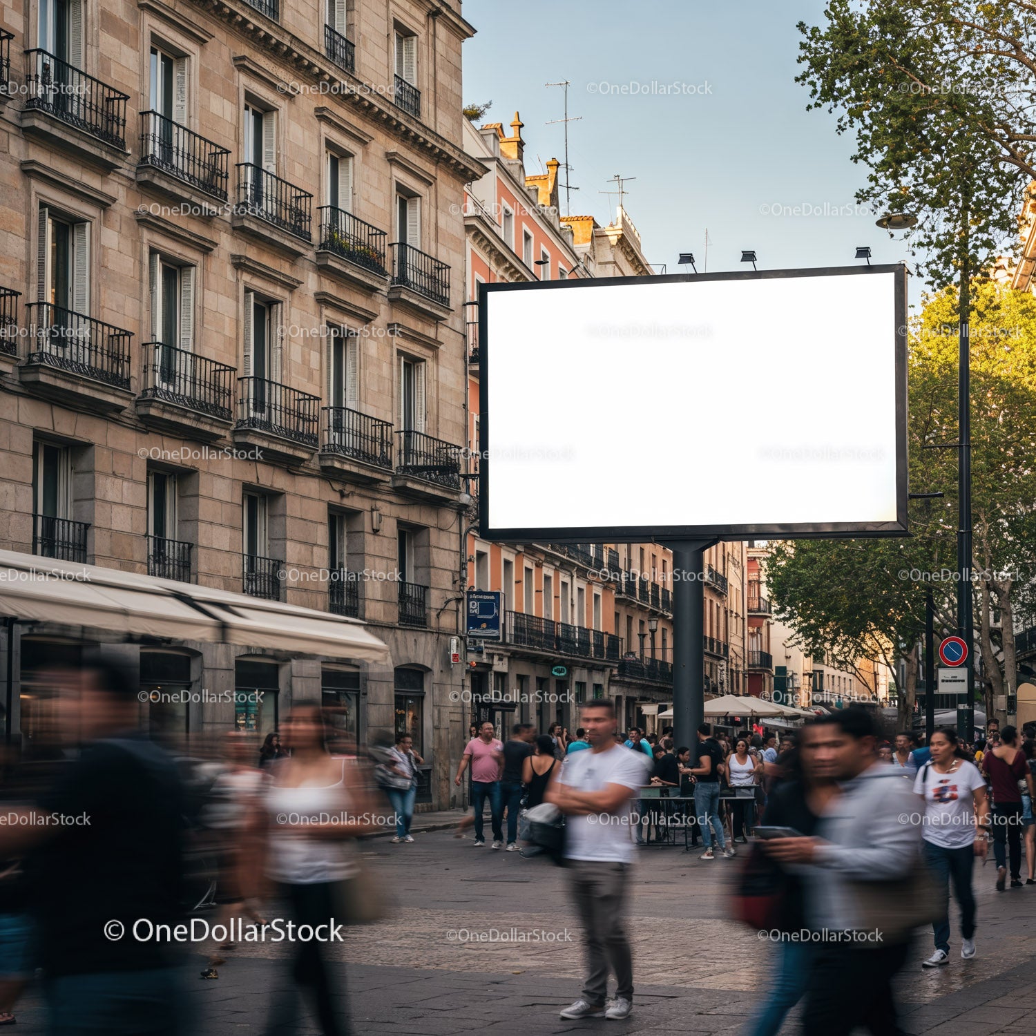 Urban crowd passing by large blank billboard in city street