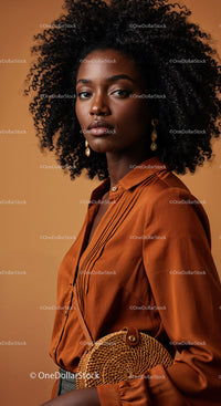 Elegant Black Woman Portrait in Brown Silky Blouse with Gold Jewelry