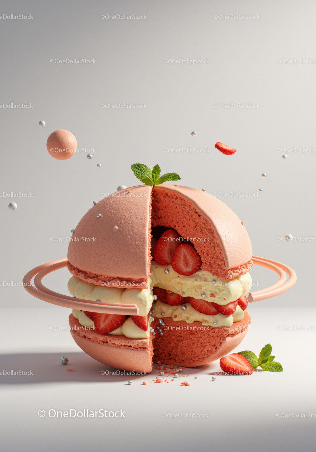 Creative strawberry macaron dessert with cream and mint