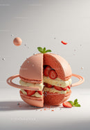 Creative strawberry macaron dessert with cream and mint