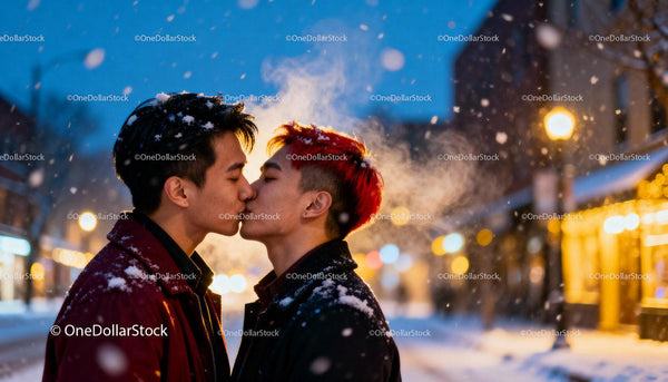 Couple Sharing a Tender Kiss on a Snowy Evening