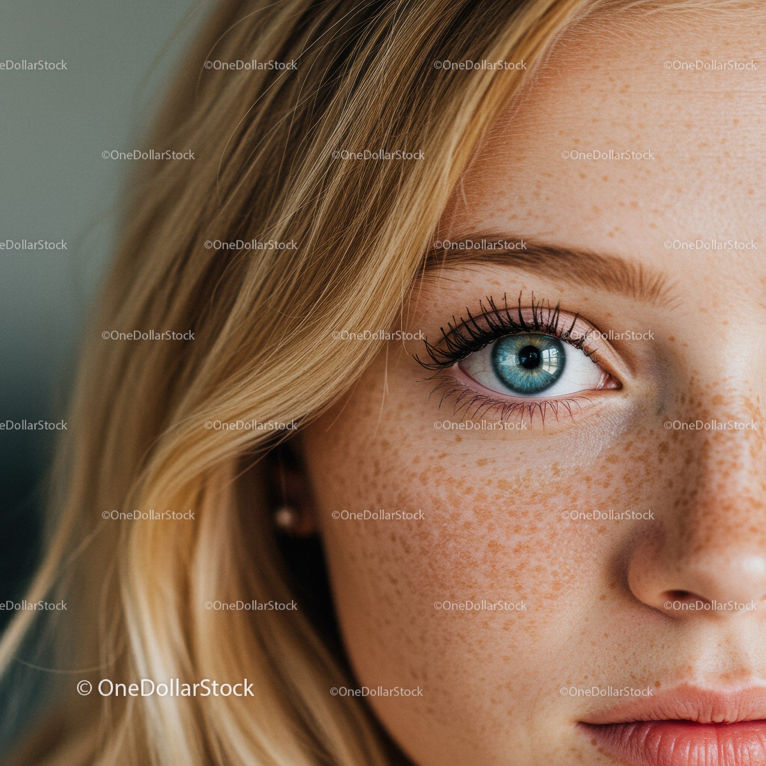 Closeup of freckled woman with blue eye and blonde hair