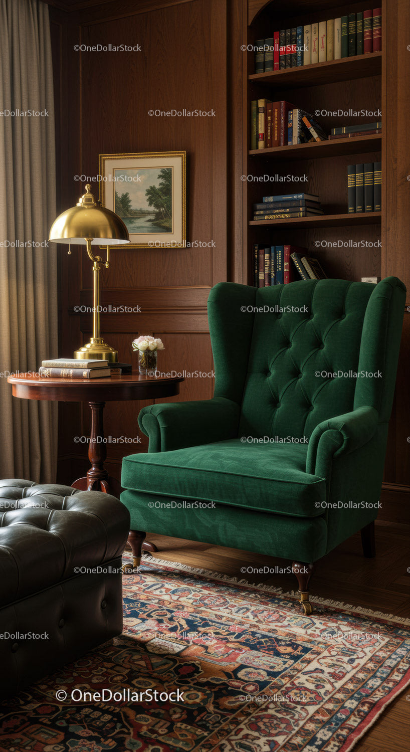 Cozy Reading Corner with Green Armchair and Wooden Shelves