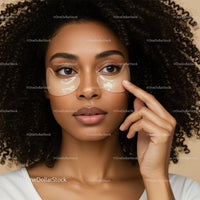 Elegant Woman Applying Under Eye Patches with Curly Hair
