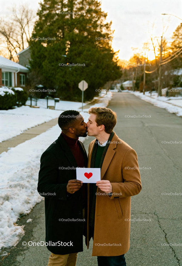 Couple Sharing a Tender Kiss Holding Heart Card Outdoors