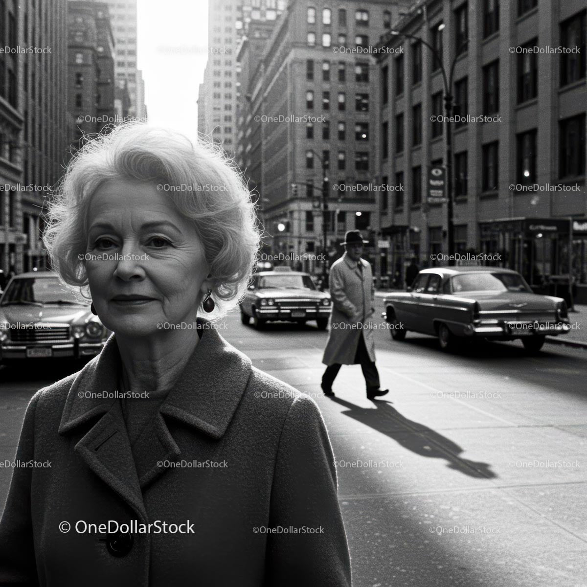 Elderly Woman in Busy City Street Surrounded by Vintage Cars