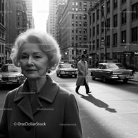 Elderly Woman in Busy City Street Surrounded by Vintage Cars