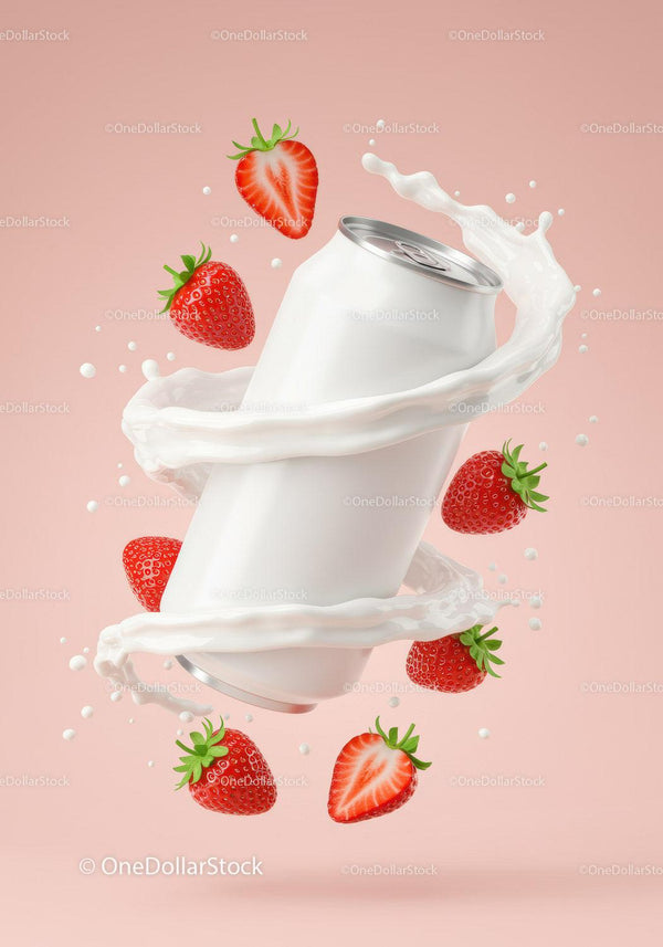 Refreshing strawberry beverage can with creamy splash JPG Mockup Image