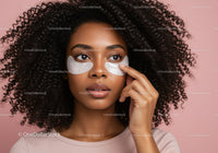 Beautiful Woman with Curly Hair Applying Under Eye Patches for Skin Care
