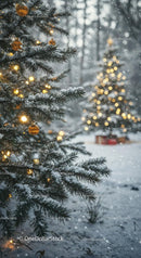 Snow-covered Christmas tree with warm glowing lights