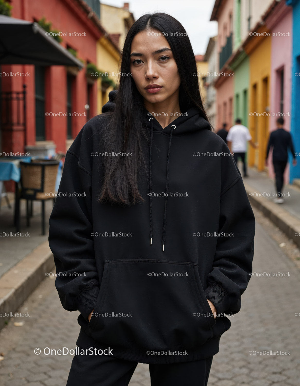 Fashionable Woman Wearing Black Hoodie in Urban City Street