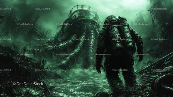 Diver Exploring Submerged Futuristic Structure