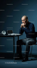 Man Deep in Thought at Office Desk with Timer Display