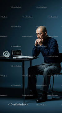 Man Deep in Thought at Office Desk with Timer Display