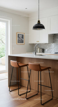 Stylish Modern Kitchen with Wooden Cabinets and Black Pendant Light
