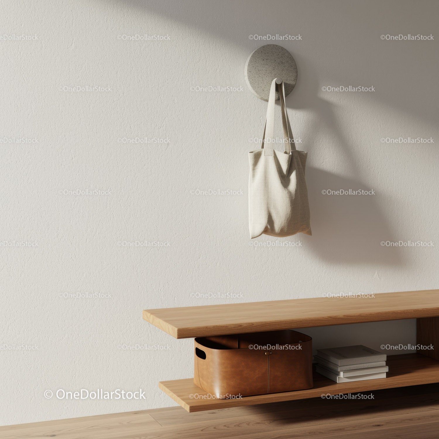 Minimalistyczny wieszak ścienny z torbą i drewnianą półką w neutralnym stylu