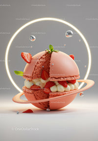 Strawberry Macaron Sphere with Cream and Mint Leaves