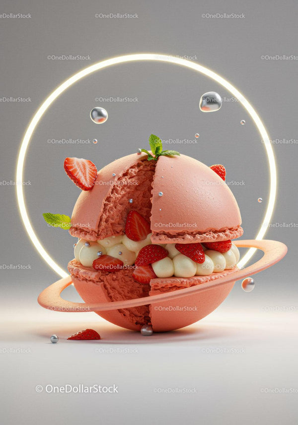 Strawberry Macaron Sphere with Cream and Mint Leaves