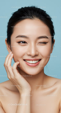 Elegant Asian Woman Smiling with Flawless Skin and Natural Makeup