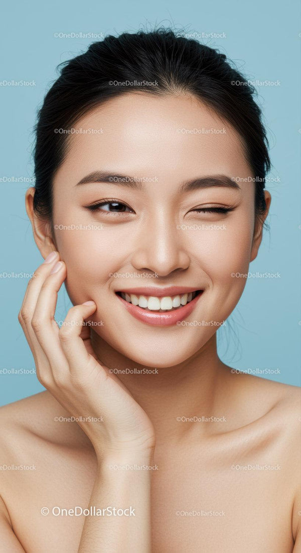 Elegant Asian Woman Smiling with Flawless Skin and Natural Makeup