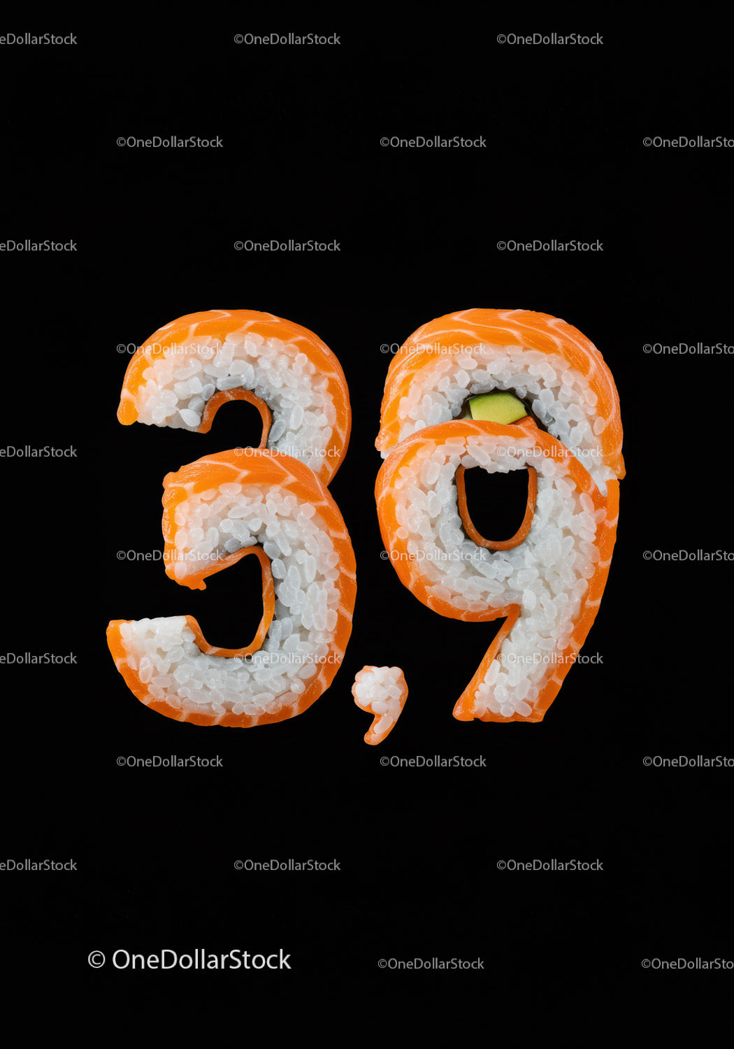 Creative sushi rolls shaped as number thirty nine