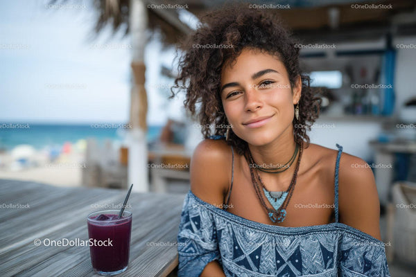 Young Woman Enjoying Summer Relaxation at Tropical Beach Café