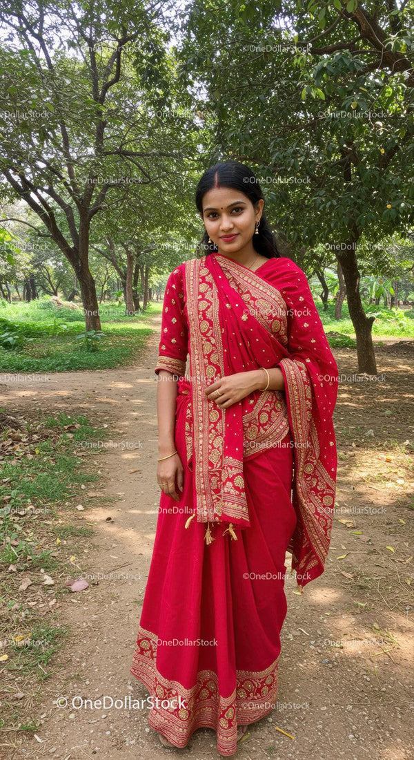 Elegant Woman in Red Sari Walking Through Serene Forest Path