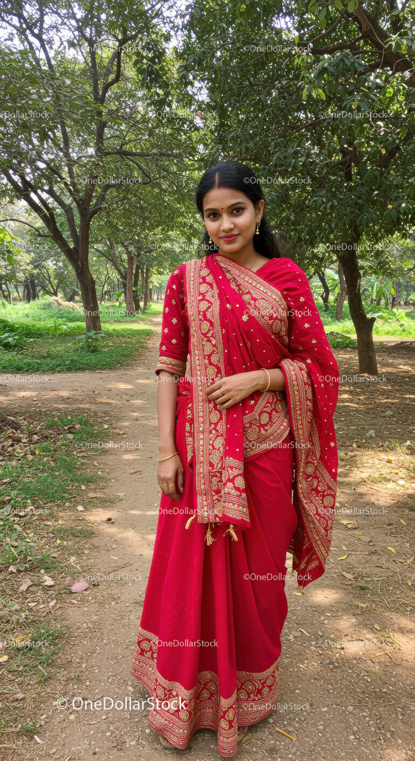 Elegant Woman in Red Sari Walking Through Serene Forest Path