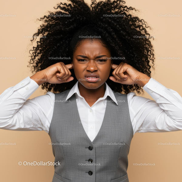 Frustrated Woman Covering Ear with Headphones in Indoor Setting