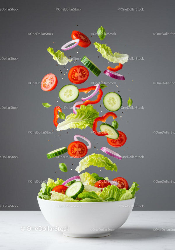 Fresh vegetable salad ingredients falling into white bowl