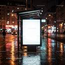 Nighttime City Street Bus Shelter with Illuminated Advertising Panel