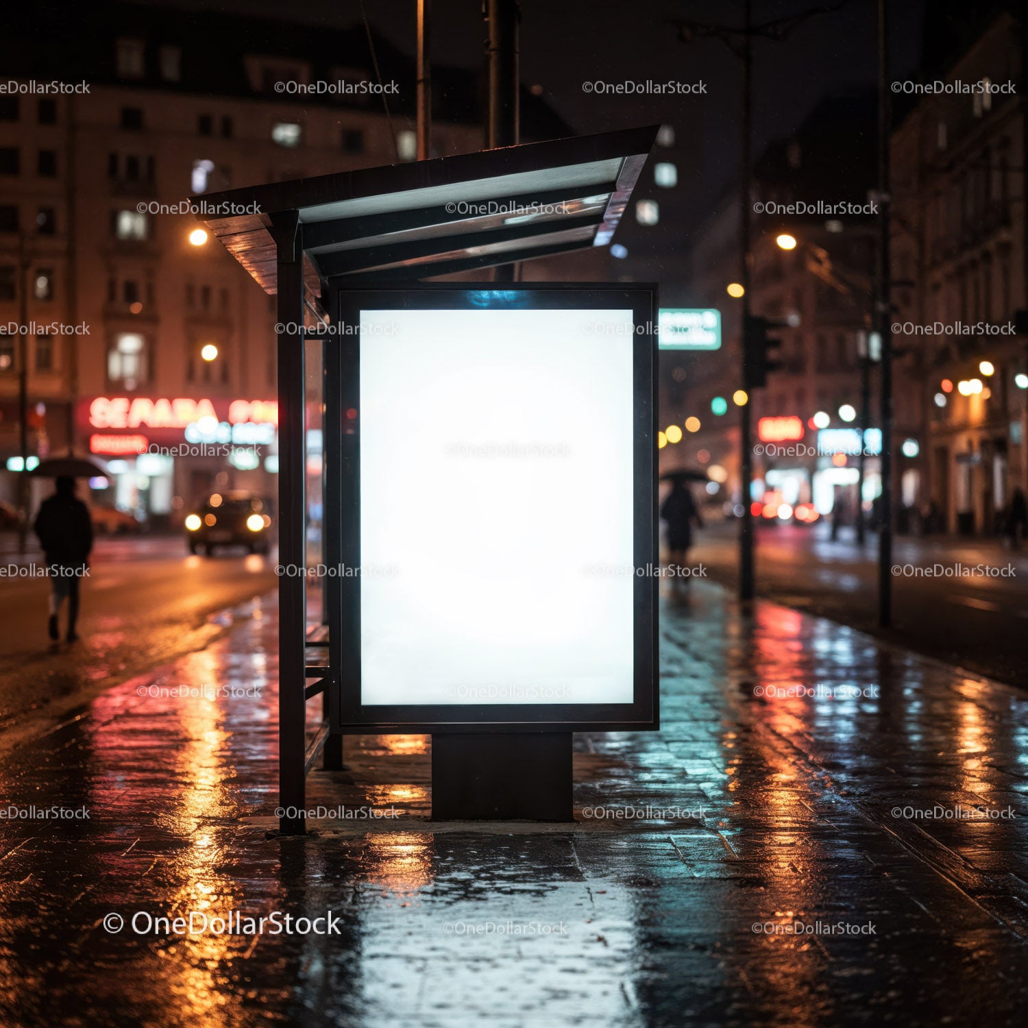 Nighttime City Street Bus Shelter with Illuminated Advertising Panel